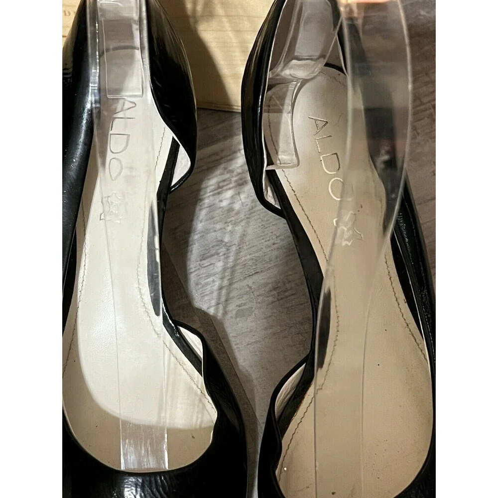 ALDO Black Patent Leather Open Peep Toe Kitten Heel Classic Pumps Sandals 38 7.5